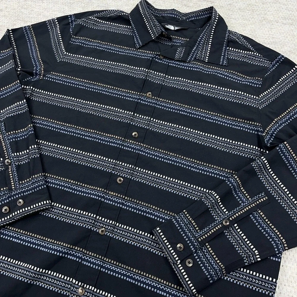 North Face Shirt Men XL‎ Black Striped Button Up Southwestern Hiking Camp Cotton